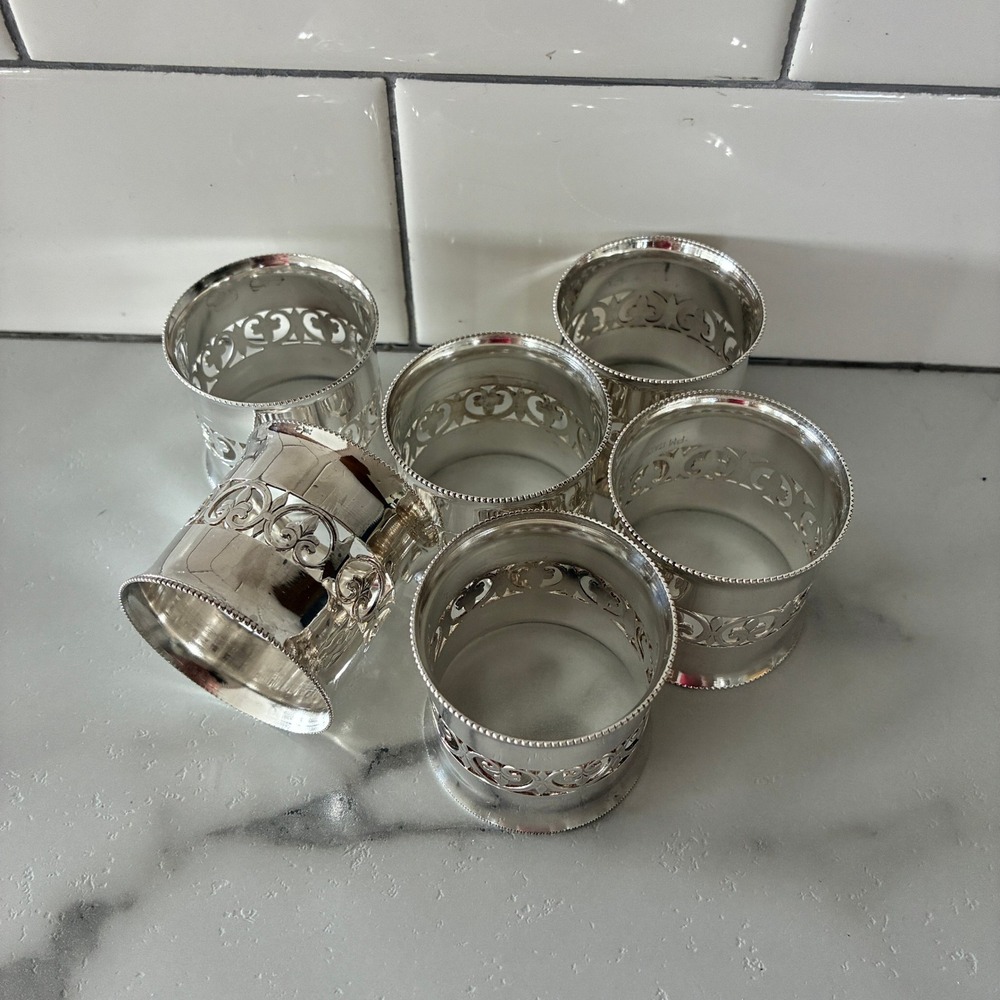 Vintage Silver Plated Filigree Napkin Rings Set of 6 Fleur De Lis Italy